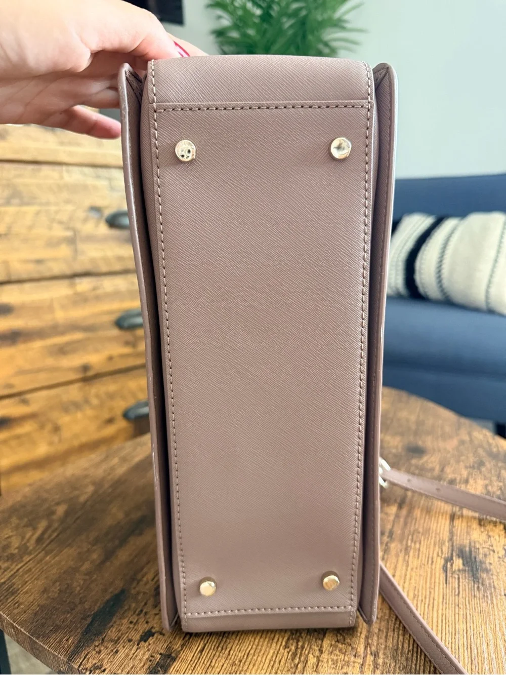 kate spade taupe mauve leather satchel with gold hardware